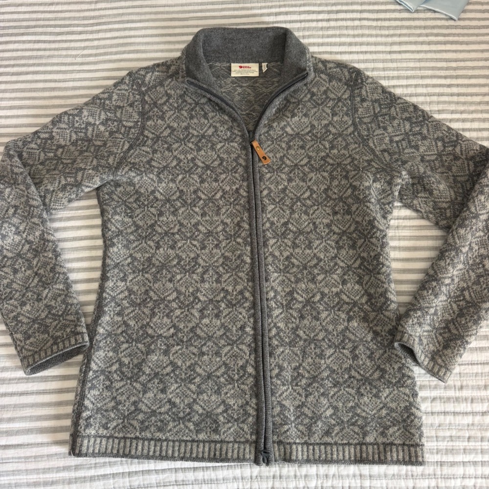 Fjallraven Snow Cardigan W Gray Wool Full Zip Nordic Sweater 89912 Mens M